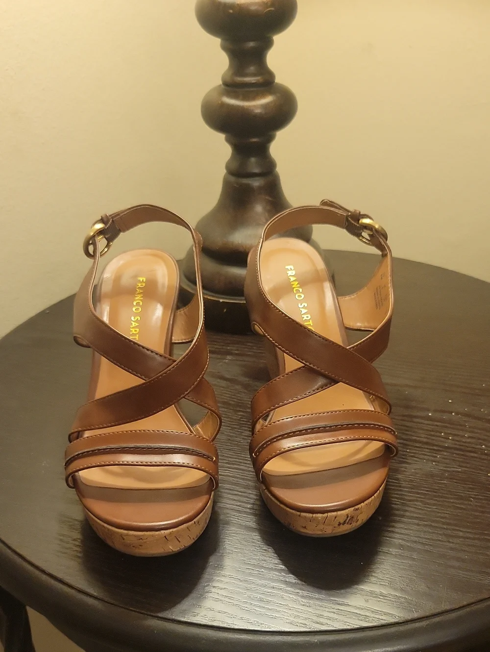 Franco Sarto Brown Leather Cork Wedge Sandals